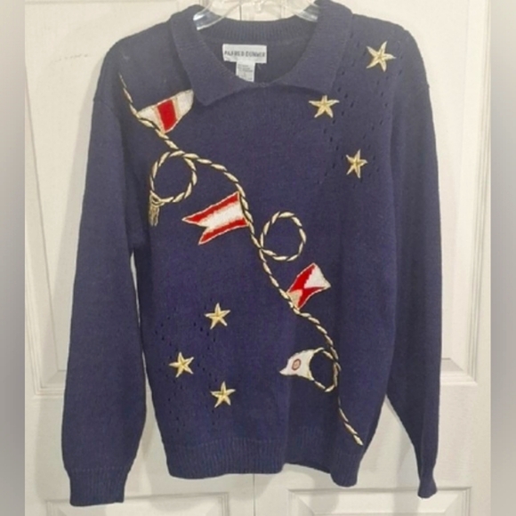 Alfred Dunner Sweaters - Alfred Dunner Crew Neck Sweater Festive Sailing Design-L-Stars Flags Embroidery